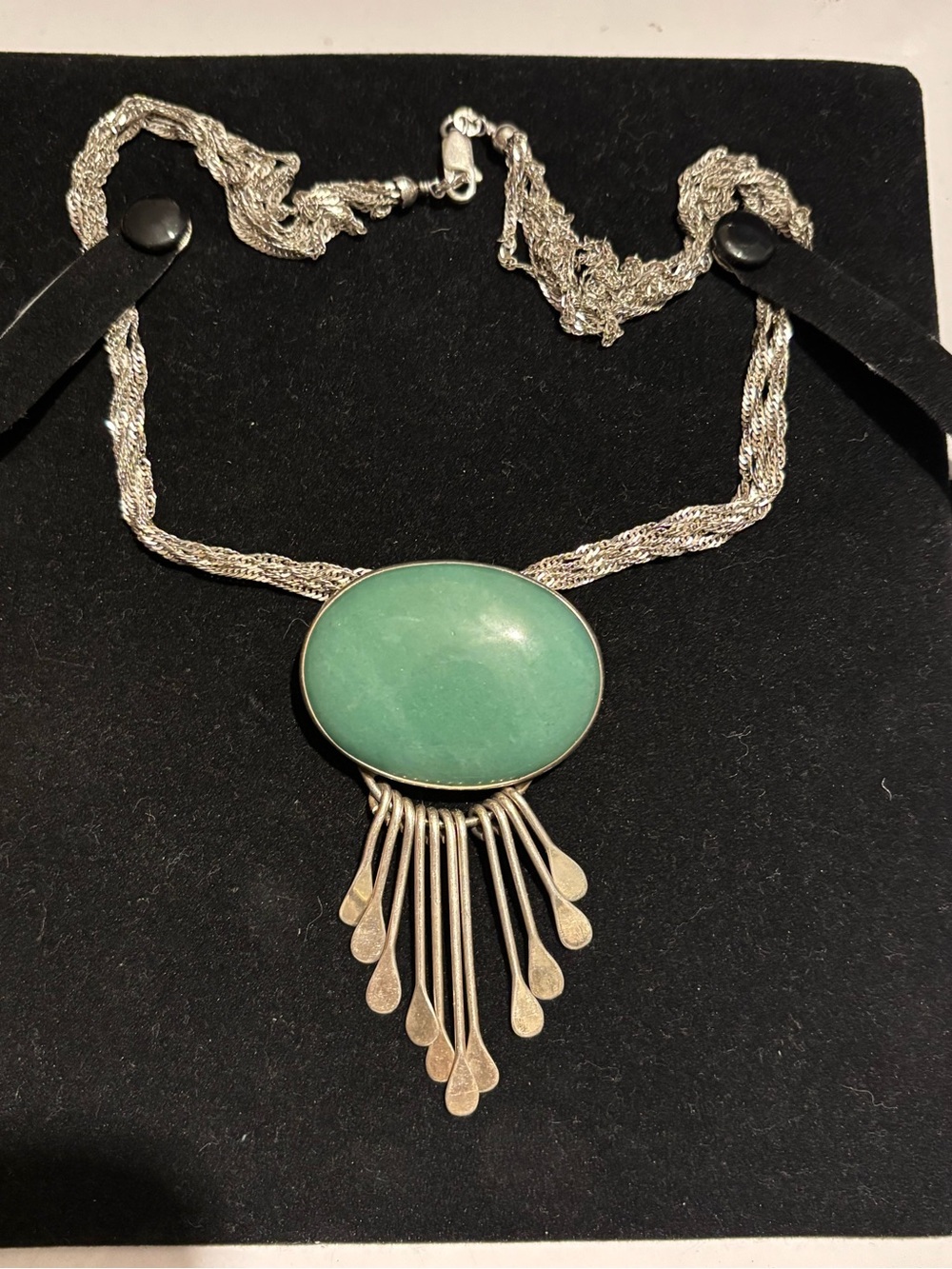 Unique Vintage Silver925 Necklace multi strains with Green Oval Stone and Fringe